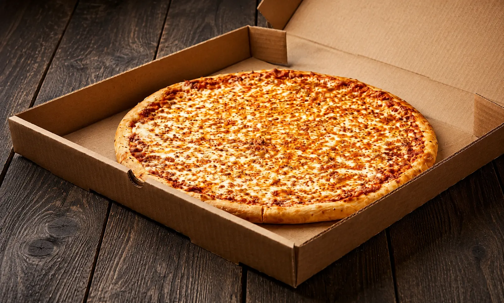 Classic cheese pizza with melted mozzarella from Ringers Original Pizza in Saskatoon